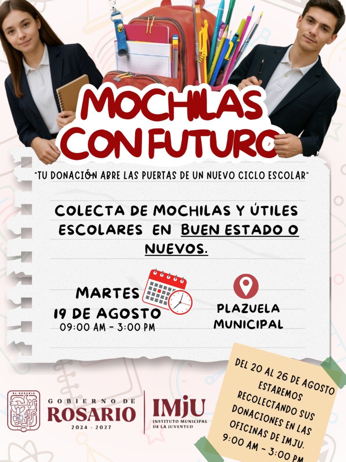 Imju Rosario lanza campaña de recolección de mochias y útiles escolares
