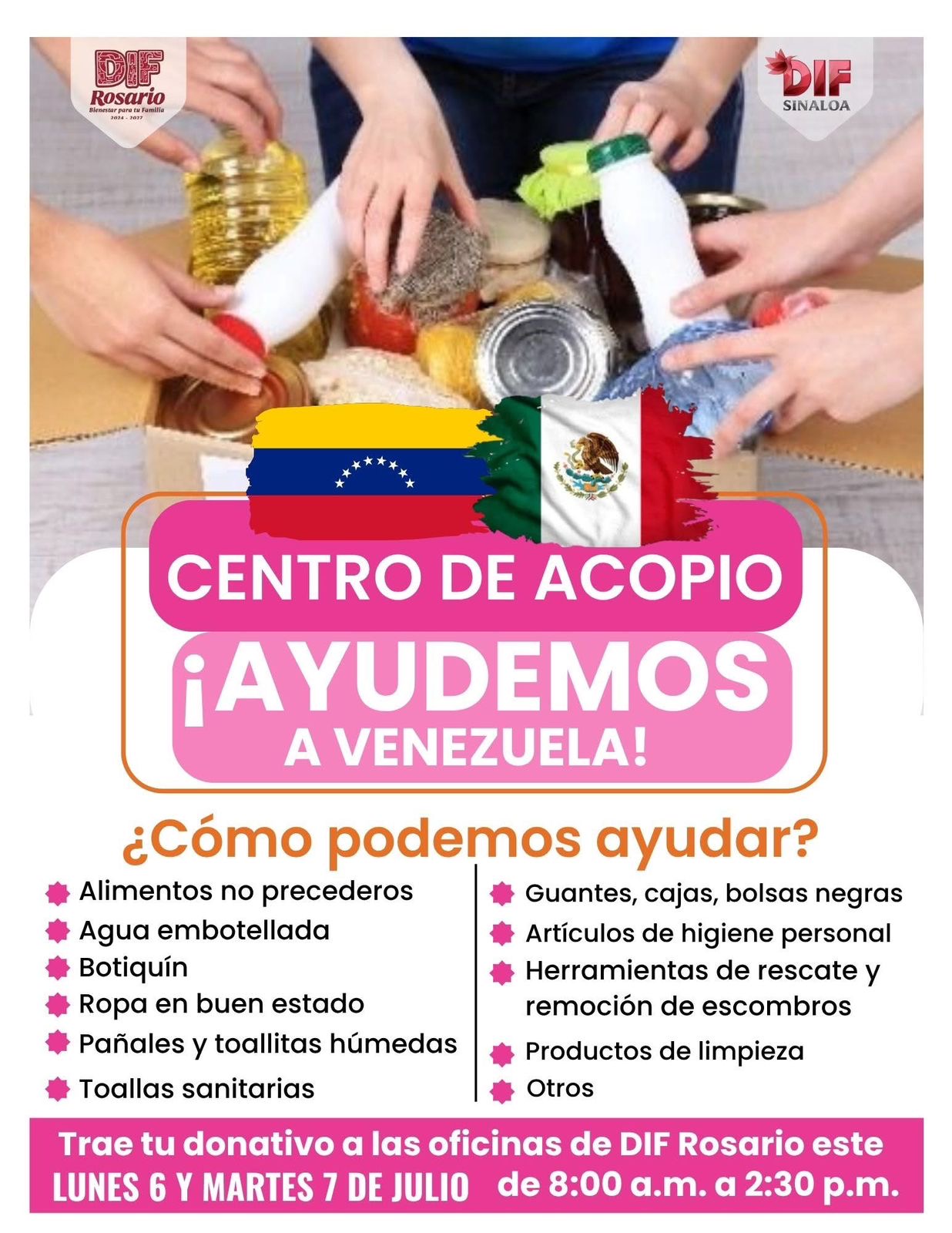DIF Rosario abre centro de acopio para apoyar a familias afectadas por el sismo en Venezuela.